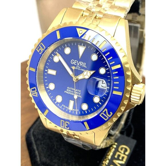 Gevril Men's Watch 4854B Wall Street Swiss Automatic Diver Blue Dial Gold 43mm
